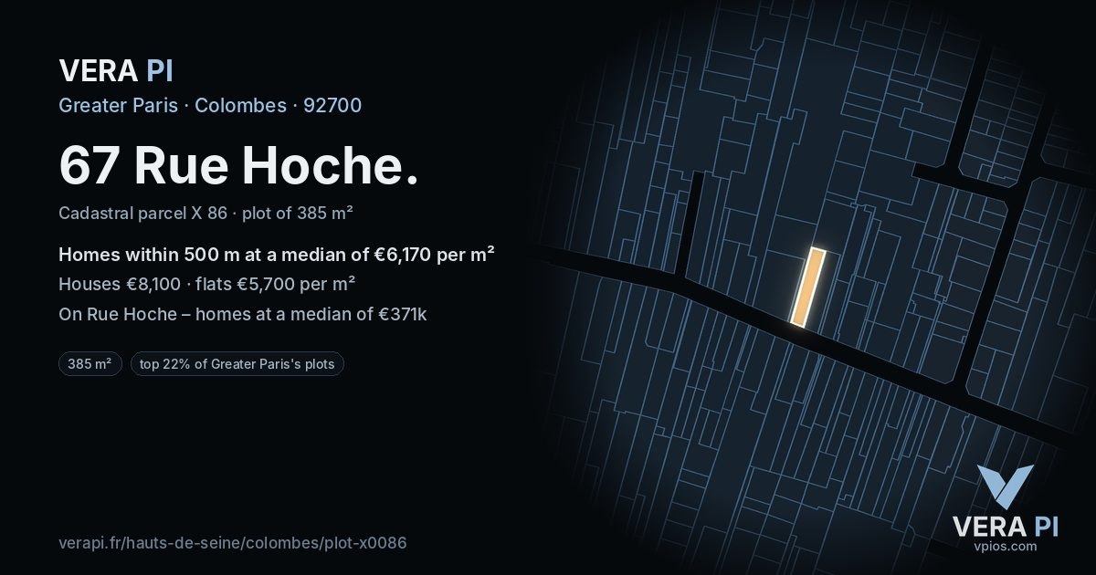 67 Rue Hoche, Colombes at night – the plot lit, the parcels around coloured by the prices near them