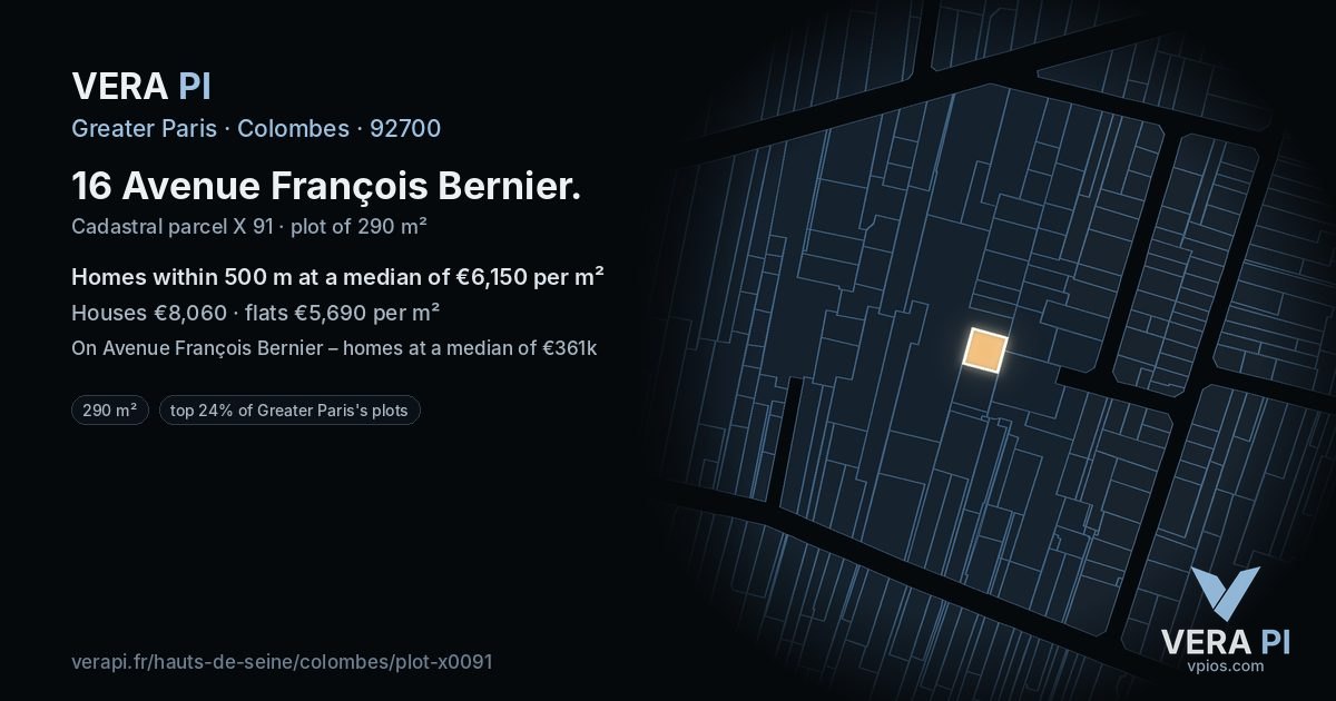 16 Avenue François Bernier, Colombes at night – the plot lit, the parcels around coloured by the prices near them