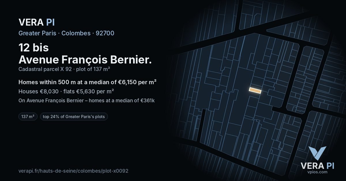 12 bis Avenue François Bernier, Colombes at night – the plot lit, the parcels around coloured by the prices near them
