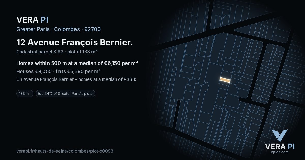 12 Avenue François Bernier, Colombes at night – the plot lit, the parcels around coloured by the prices near them