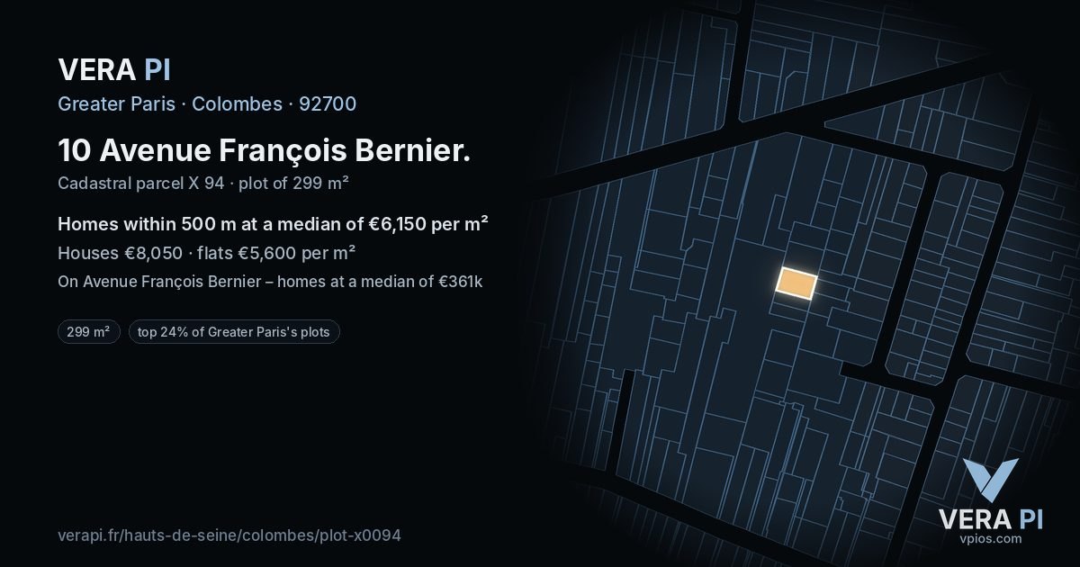 10 Avenue François Bernier, Colombes at night – the plot lit, the parcels around coloured by the prices near them