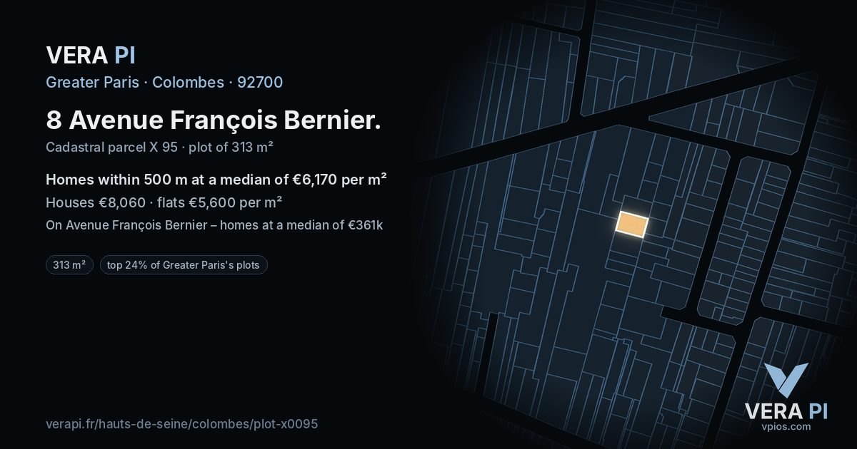 8 Avenue François Bernier, Colombes at night – the plot lit, the parcels around coloured by the prices near them