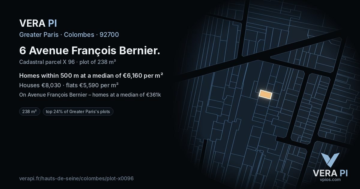 6 Avenue François Bernier, Colombes at night – the plot lit, the parcels around coloured by the prices near them