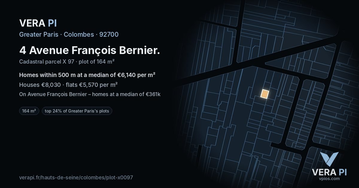 4 Avenue François Bernier, Colombes at night – the plot lit, the parcels around coloured by the prices near them