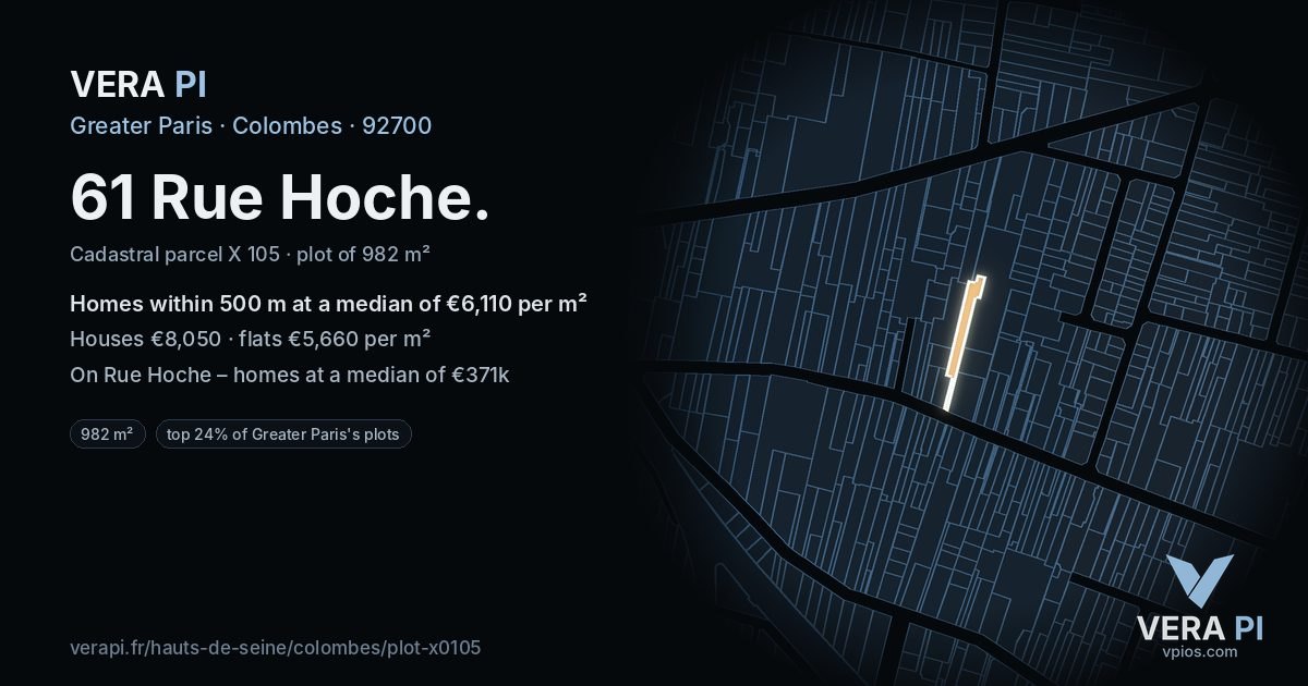 61 Rue Hoche, Colombes at night – the plot lit, the parcels around coloured by the prices near them