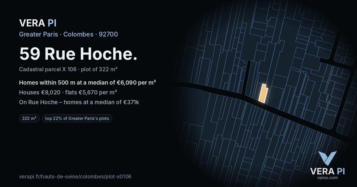 59 Rue Hoche, Colombes at night – the plot lit, the parcels around coloured by the prices near them