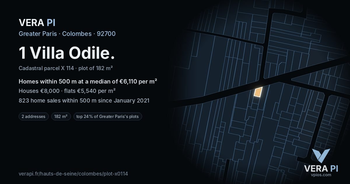 1 Villa Odile, Colombes at night – the plot lit, the parcels around coloured by the prices near them
