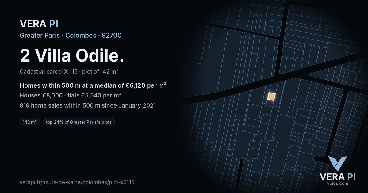 2 Villa Odile, Colombes at night – the plot lit, the parcels around coloured by the prices near them