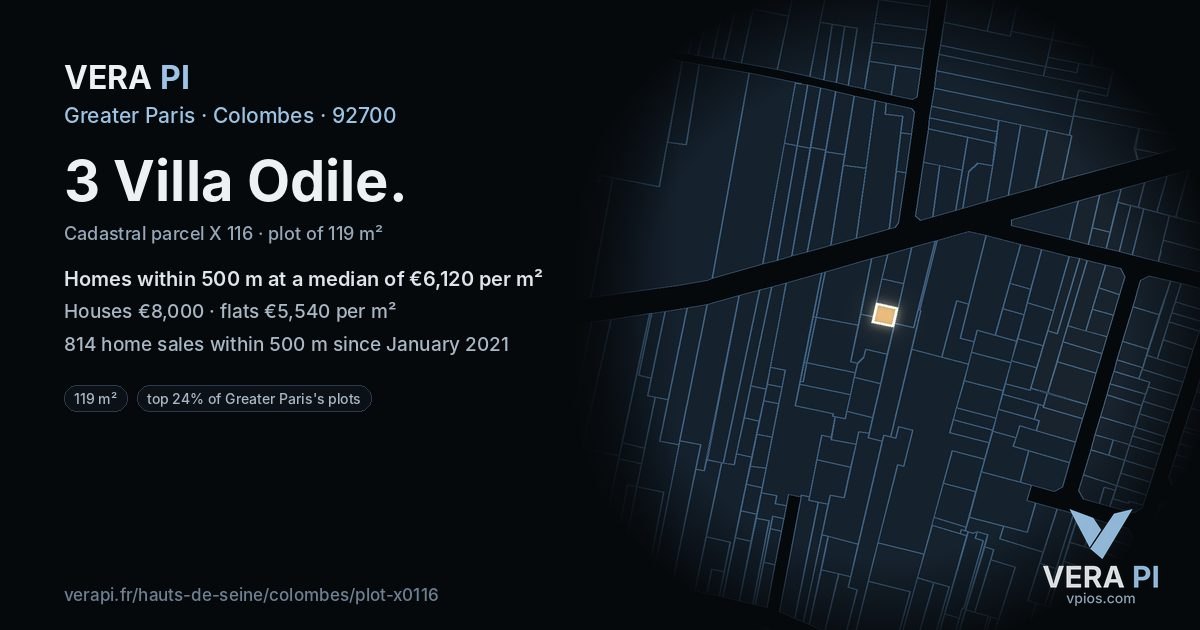 3 Villa Odile, Colombes at night – the plot lit, the parcels around coloured by the prices near them