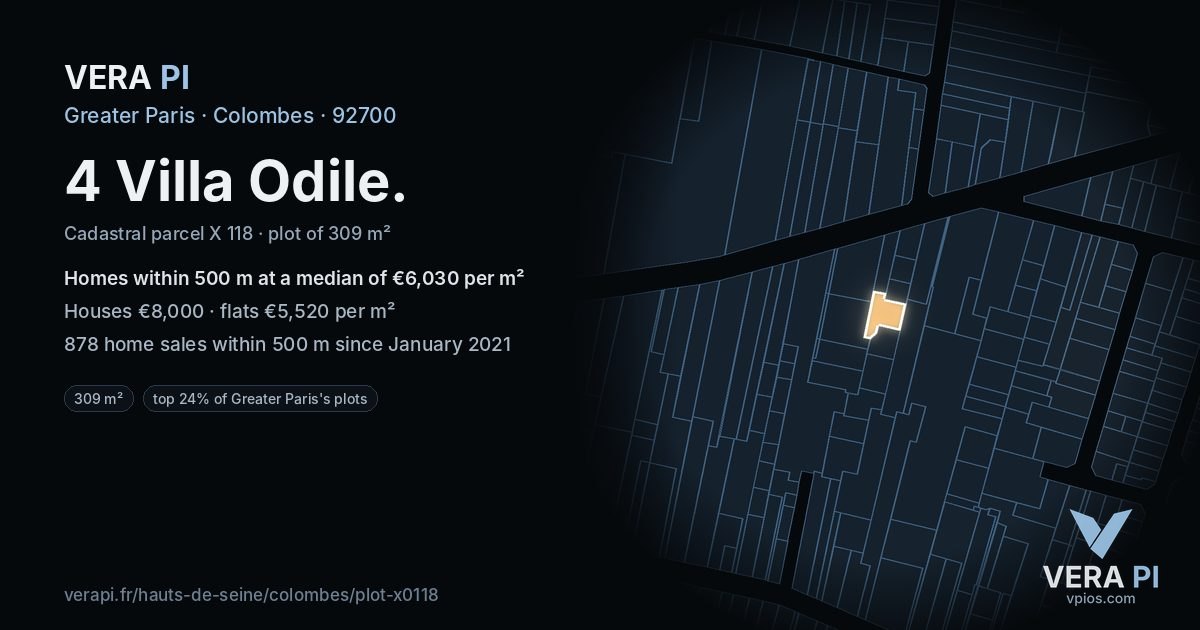 4 Villa Odile, Colombes at night – the plot lit, the parcels around coloured by the prices near them