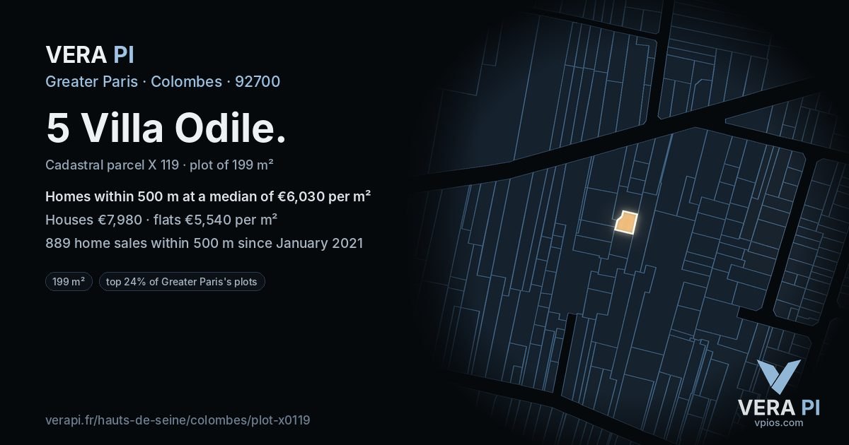 5 Villa Odile, Colombes at night – the plot lit, the parcels around coloured by the prices near them