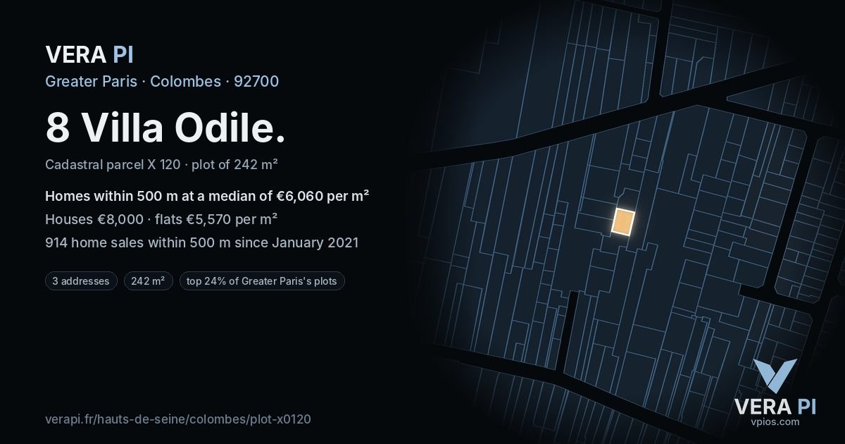 8 Villa Odile, Colombes at night – the plot lit, the parcels around coloured by the prices near them