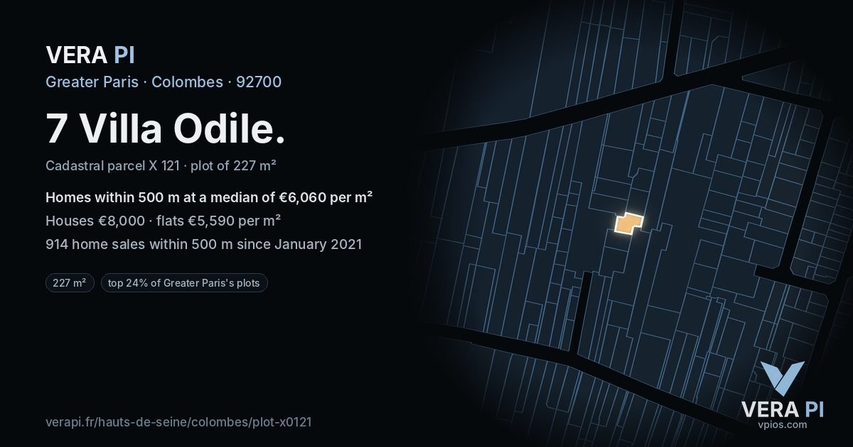 7 Villa Odile, Colombes at night – the plot lit, the parcels around coloured by the prices near them