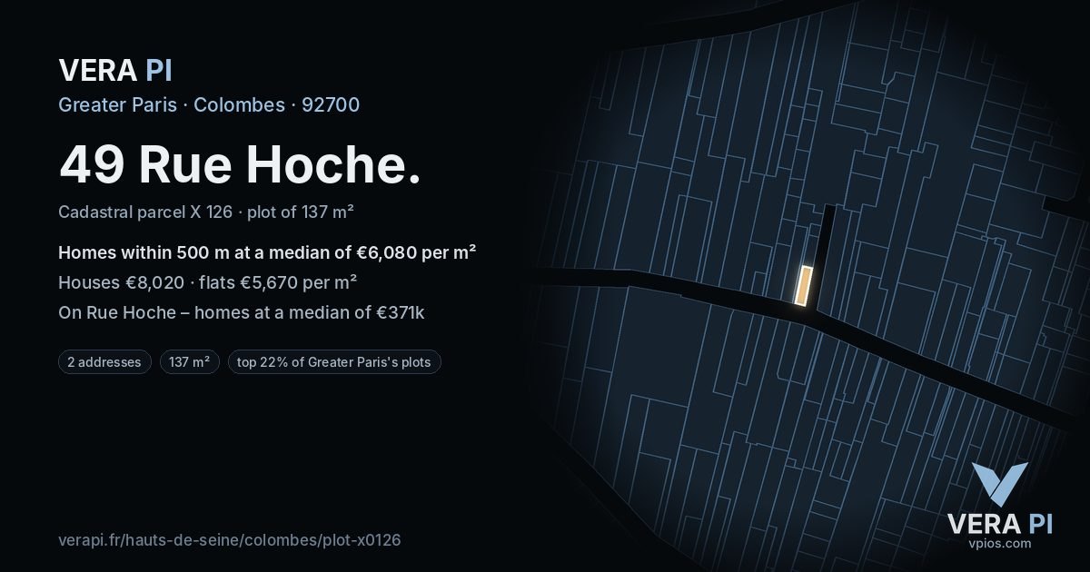 49 Rue Hoche, Colombes at night – the plot lit, the parcels around coloured by the prices near them
