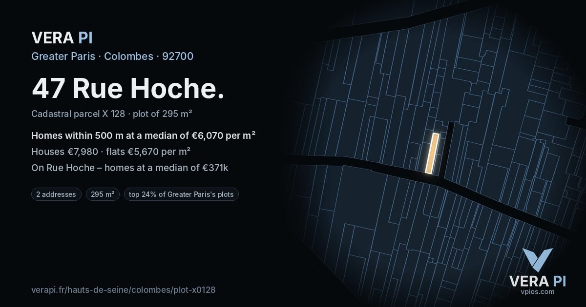 47 Rue Hoche, Colombes at night – the plot lit, the parcels around coloured by the prices near them