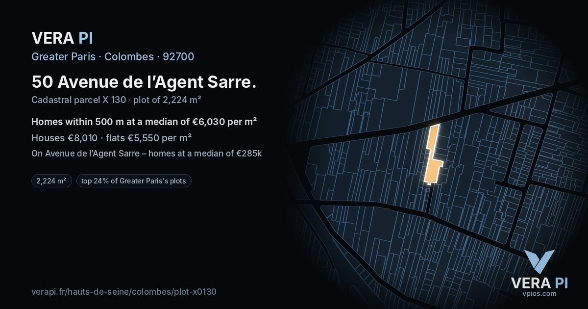 50 Avenue de l’Agent Sarre, Colombes at night – the plot lit, the parcels around coloured by the prices near them