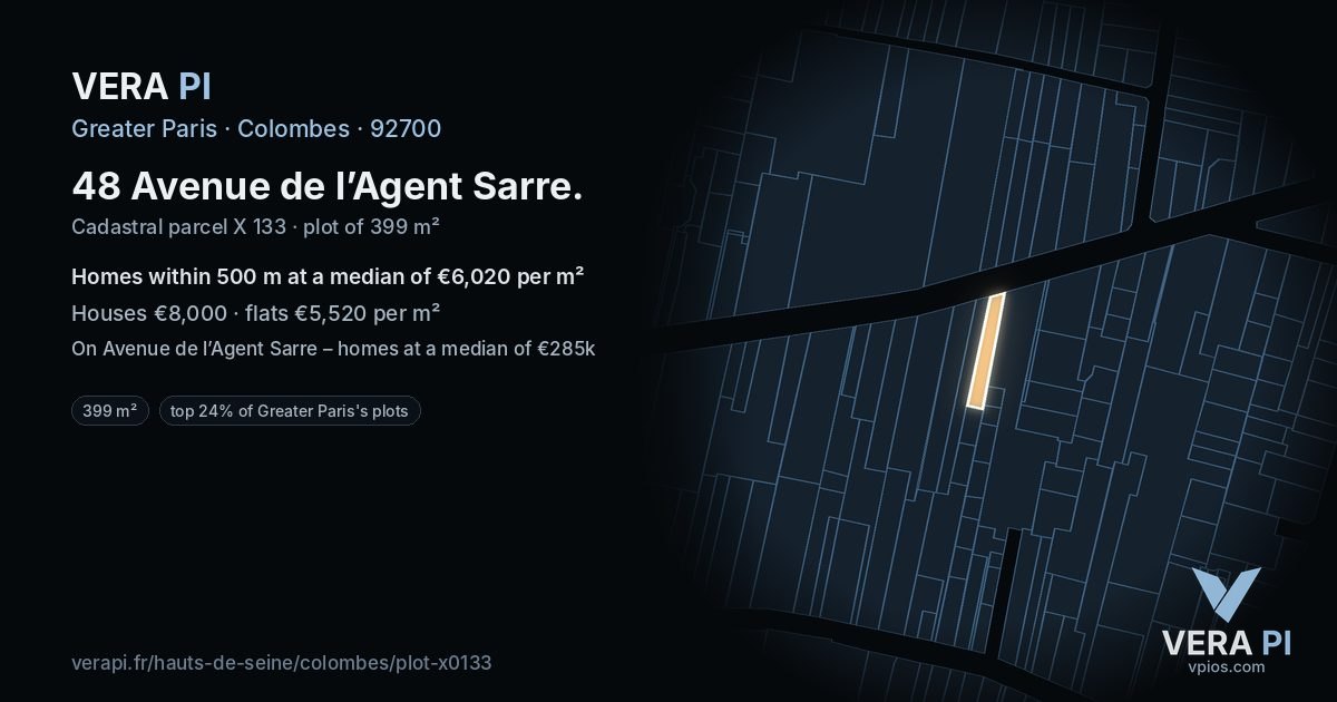 48 Avenue de l’Agent Sarre, Colombes at night – the plot lit, the parcels around coloured by the prices near them