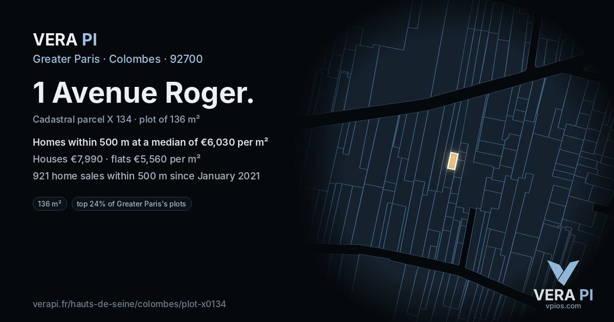 1 Avenue Roger, Colombes at night – the plot lit, the parcels around coloured by the prices near them