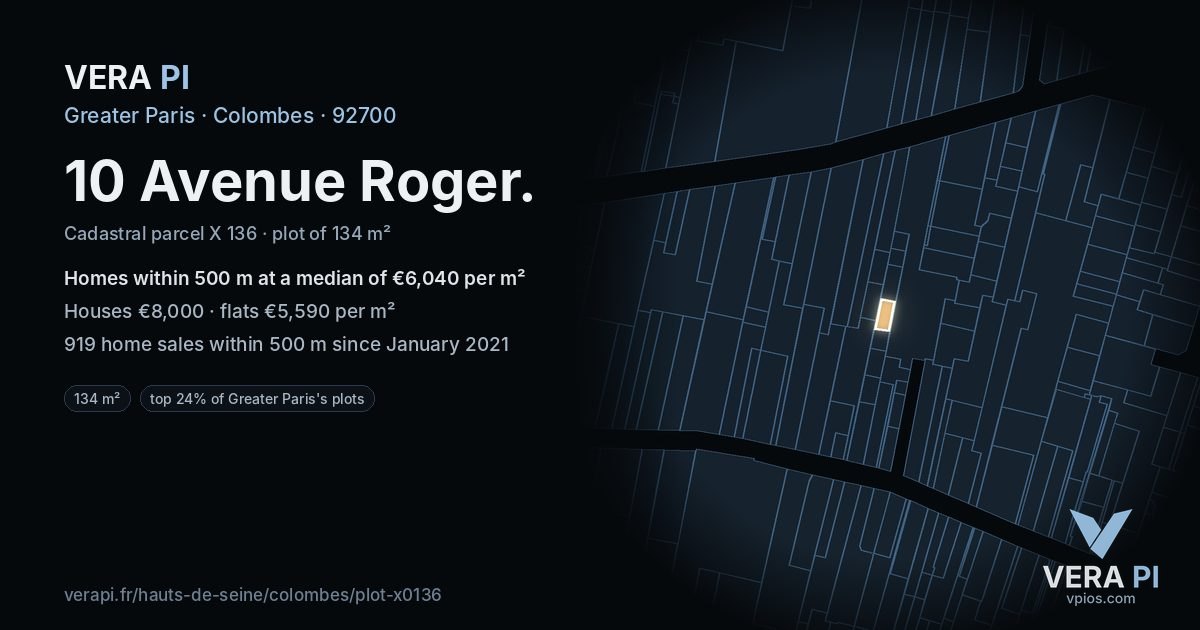 10 Avenue Roger, Colombes at night – the plot lit, the parcels around coloured by the prices near them