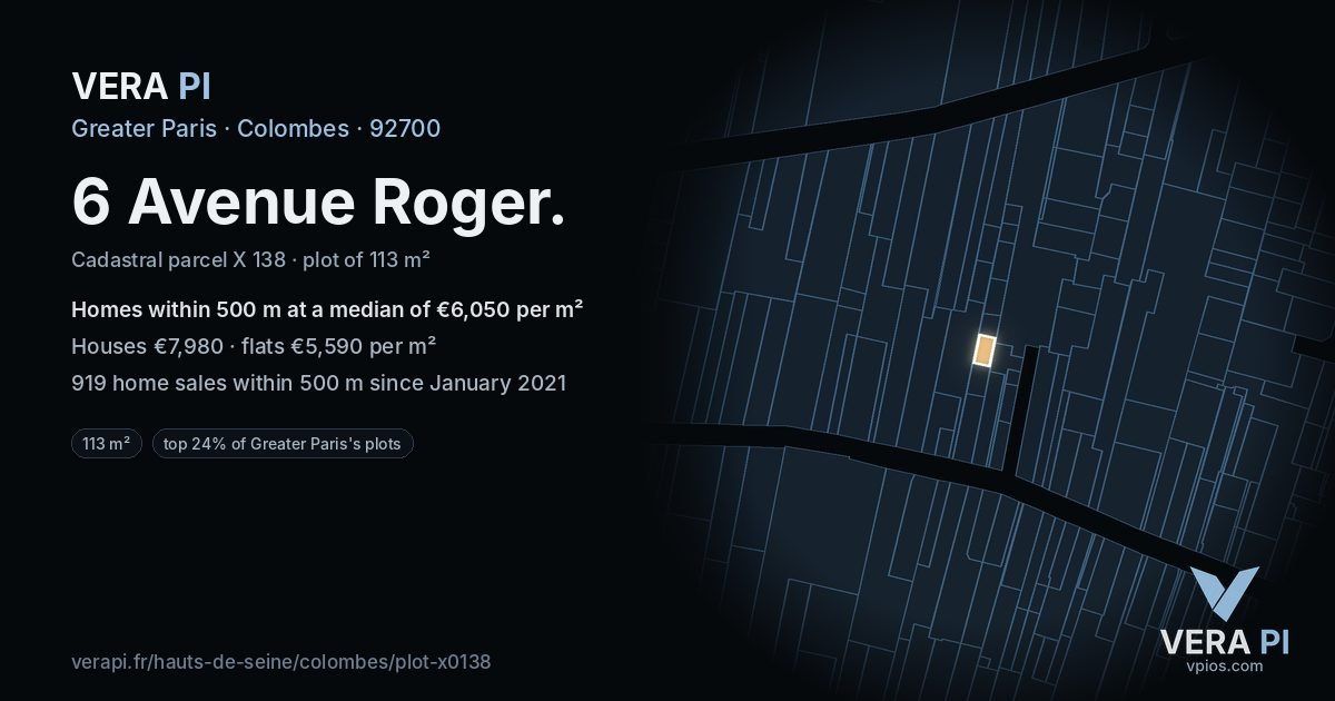 6 Avenue Roger, Colombes at night – the plot lit, the parcels around coloured by the prices near them