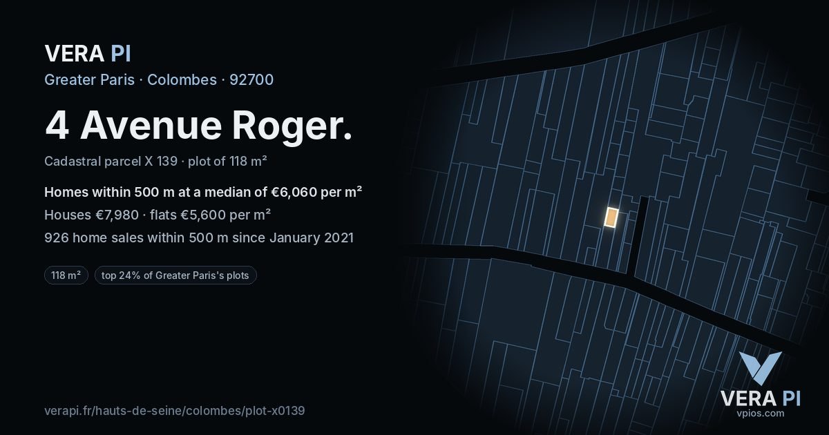 4 Avenue Roger, Colombes at night – the plot lit, the parcels around coloured by the prices near them