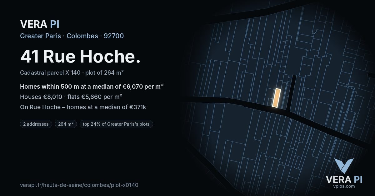 41 Rue Hoche, Colombes at night – the plot lit, the parcels around coloured by the prices near them