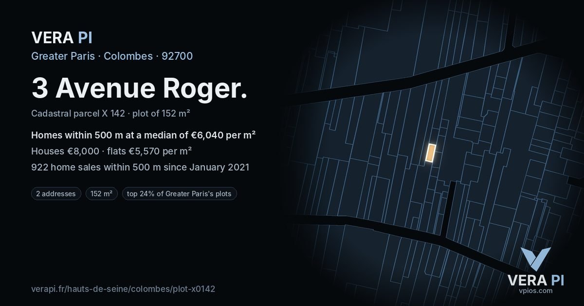 3 Avenue Roger, Colombes at night – the plot lit, the parcels around coloured by the prices near them