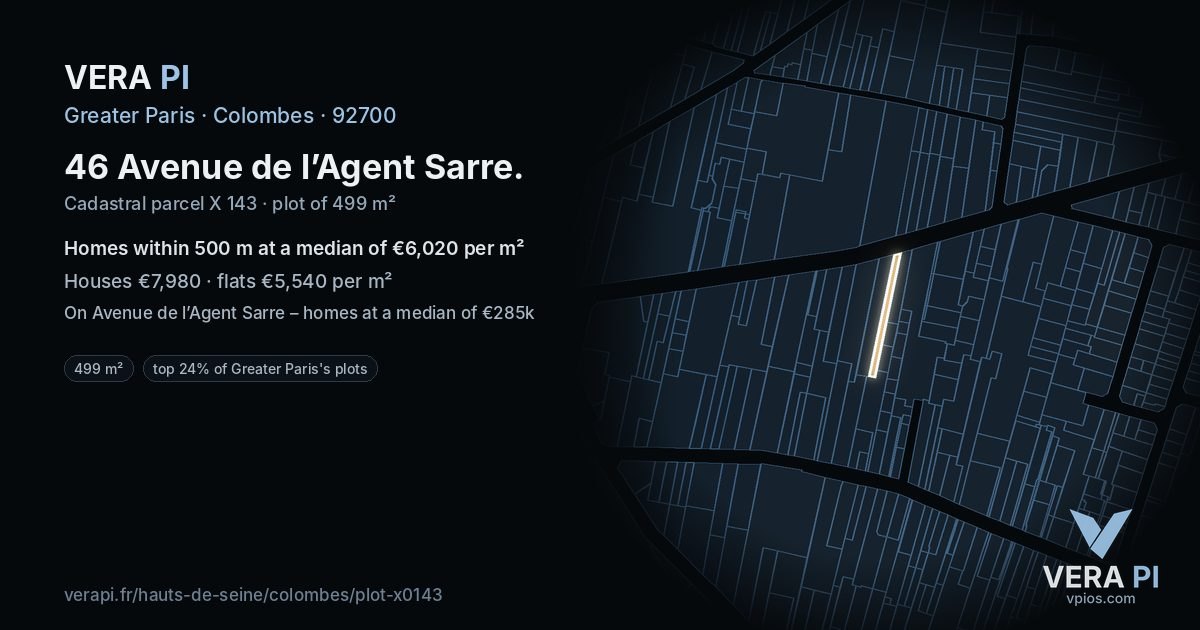46 Avenue de l’Agent Sarre, Colombes at night – the plot lit, the parcels around coloured by the prices near them