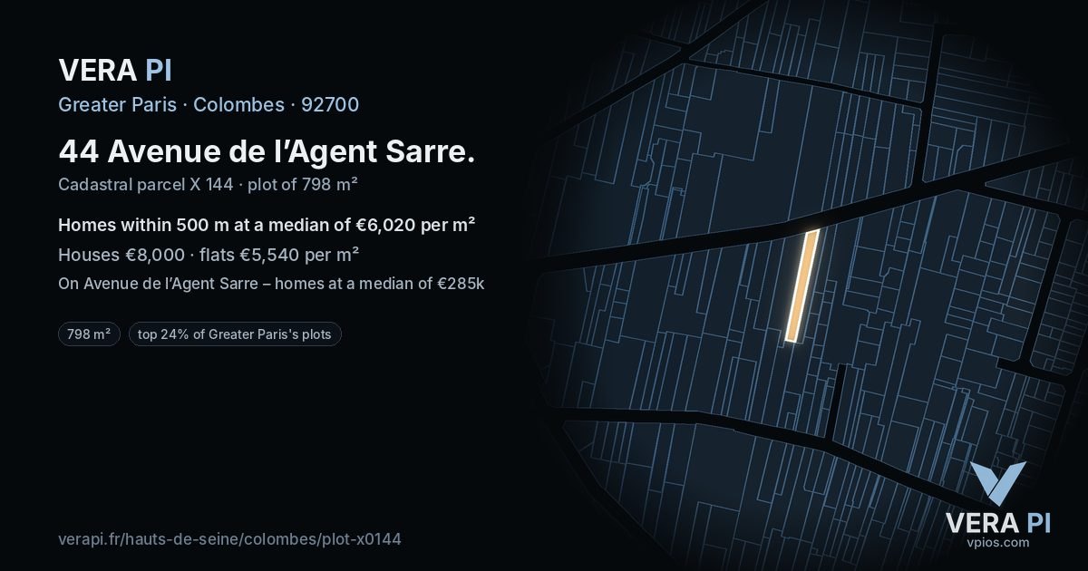 44 Avenue de l’Agent Sarre, Colombes at night – the plot lit, the parcels around coloured by the prices near them