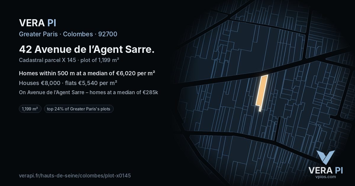 42 Avenue de l’Agent Sarre, Colombes at night – the plot lit, the parcels around coloured by the prices near them