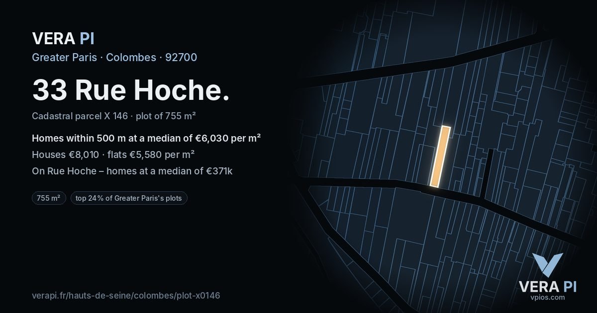 33 Rue Hoche, Colombes at night – the plot lit, the parcels around coloured by the prices near them