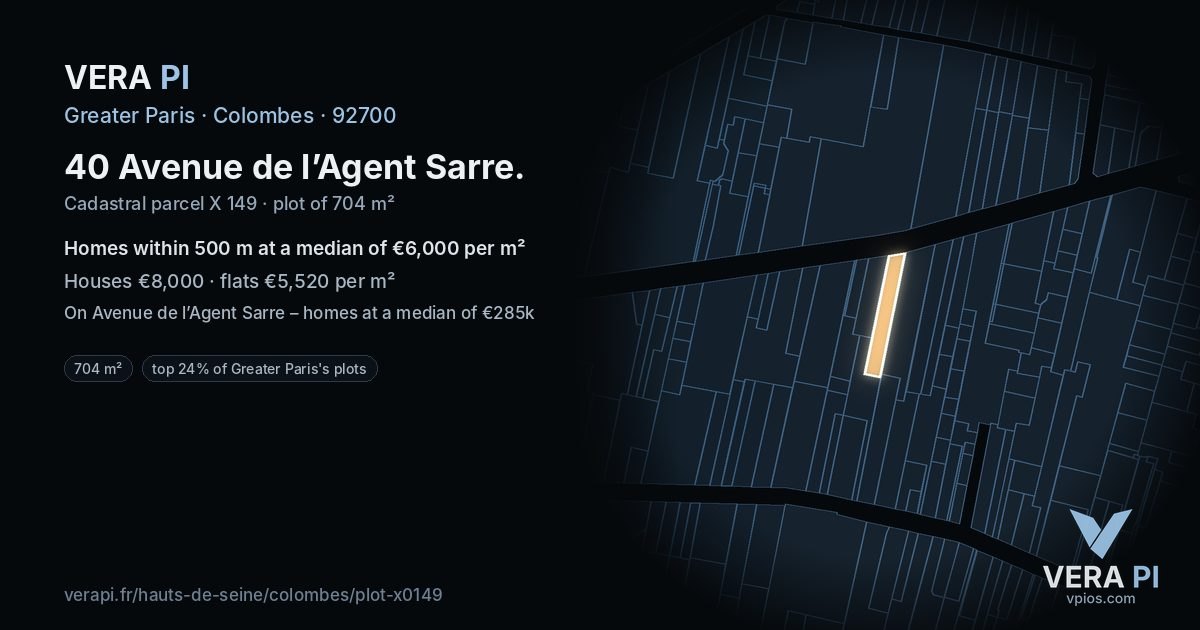 40 Avenue de l’Agent Sarre, Colombes at night – the plot lit, the parcels around coloured by the prices near them