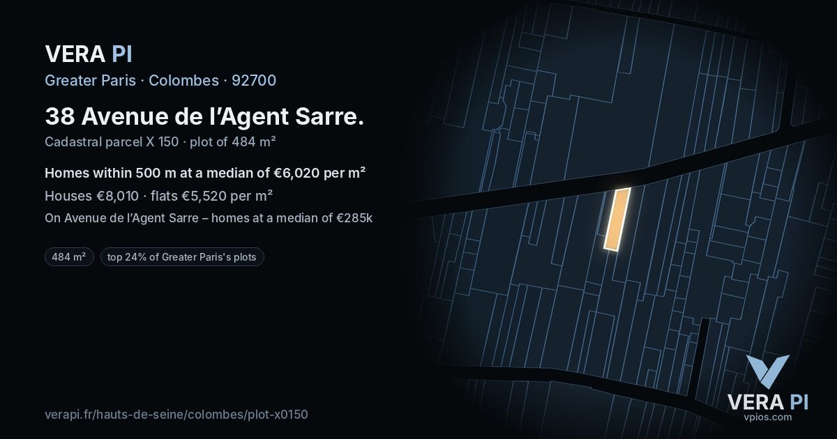 38 Avenue de l’Agent Sarre, Colombes at night – the plot lit, the parcels around coloured by the prices near them