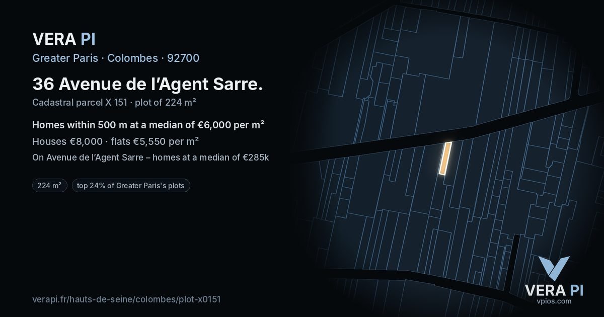 36 Avenue de l’Agent Sarre, Colombes at night – the plot lit, the parcels around coloured by the prices near them