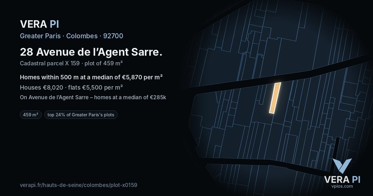 28 Avenue de l’Agent Sarre, Colombes at night – the plot lit, the parcels around coloured by the prices near them