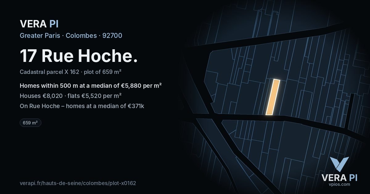 17 Rue Hoche, Colombes at night – the plot lit, the parcels around coloured by the prices near them