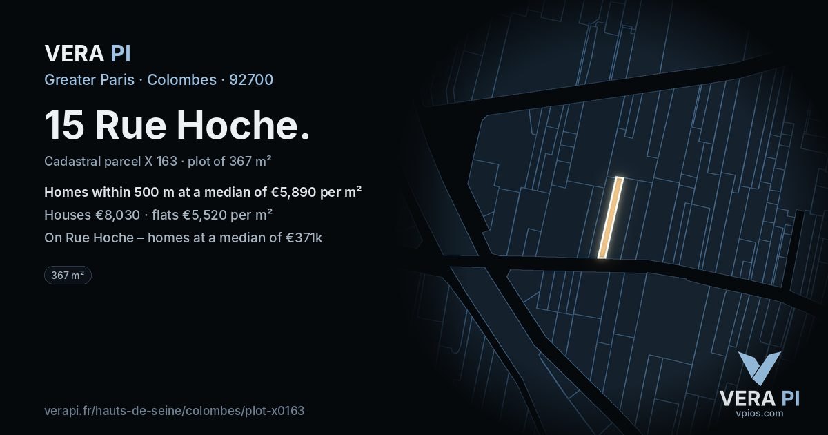 15 Rue Hoche, Colombes at night – the plot lit, the parcels around coloured by the prices near them