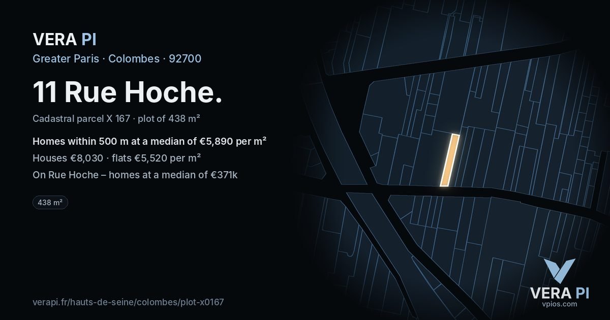11 Rue Hoche, Colombes at night – the plot lit, the parcels around coloured by the prices near them