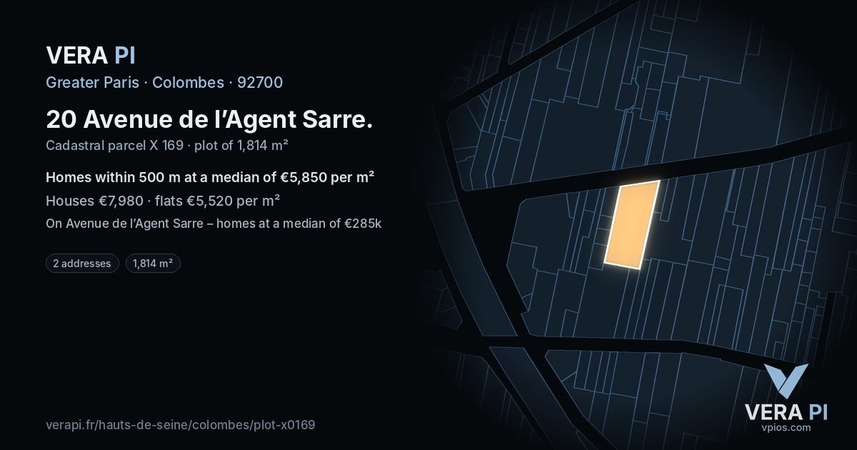 20 Avenue de l’Agent Sarre, Colombes at night – the plot lit, the parcels around coloured by the prices near them