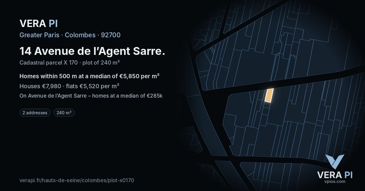 14 Avenue de l’Agent Sarre, Colombes at night – the plot lit, the parcels around coloured by the prices near them