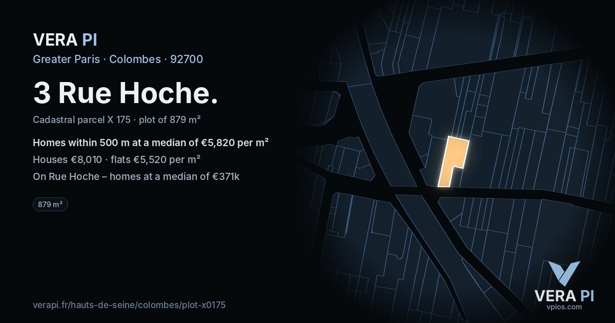 3 Rue Hoche, Colombes at night – the plot lit, the parcels around coloured by the prices near them