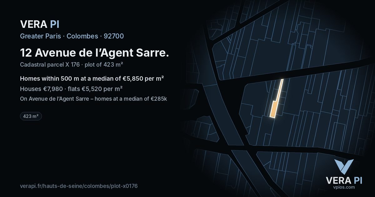12 Avenue de l’Agent Sarre, Colombes at night – the plot lit, the parcels around coloured by the prices near them