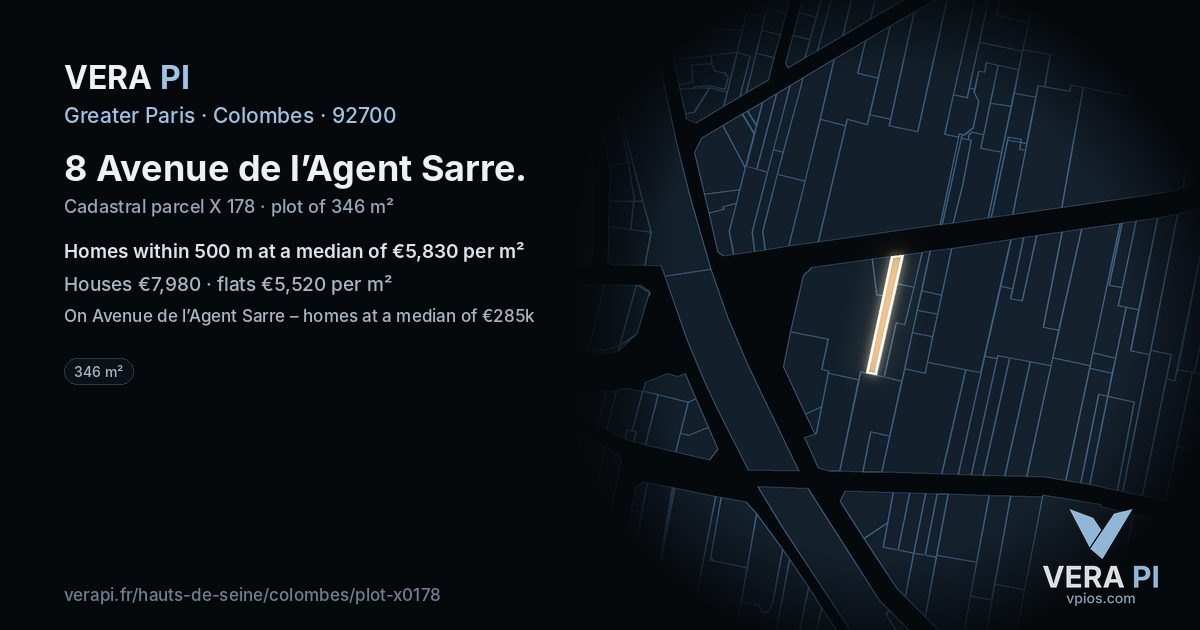 8 Avenue de l’Agent Sarre, Colombes at night – the plot lit, the parcels around coloured by the prices near them