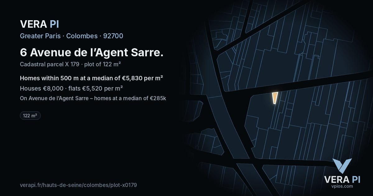 6 Avenue de l’Agent Sarre, Colombes at night – the plot lit, the parcels around coloured by the prices near them