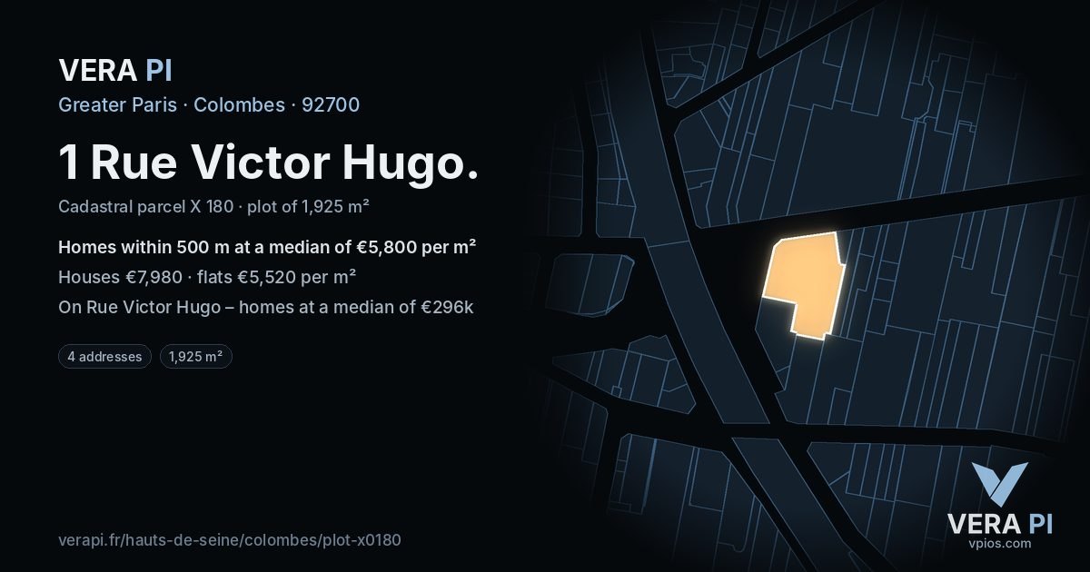 1 Rue Victor Hugo, Colombes at night – the plot lit, the parcels around coloured by the prices near them
