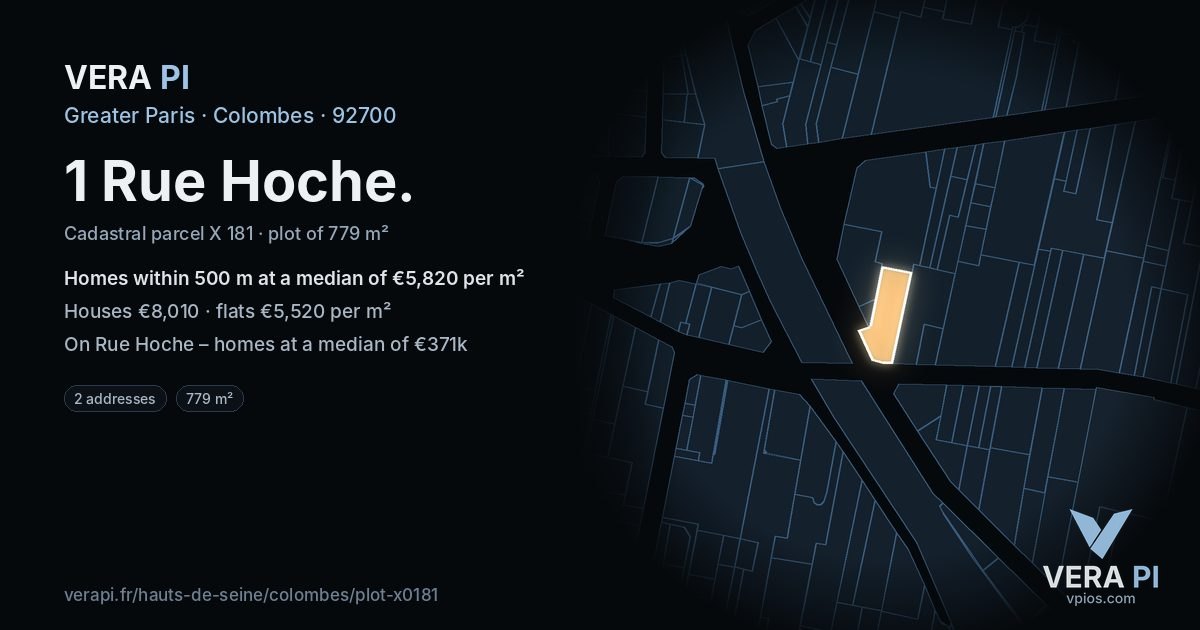 1 Rue Hoche, Colombes at night – the plot lit, the parcels around coloured by the prices near them