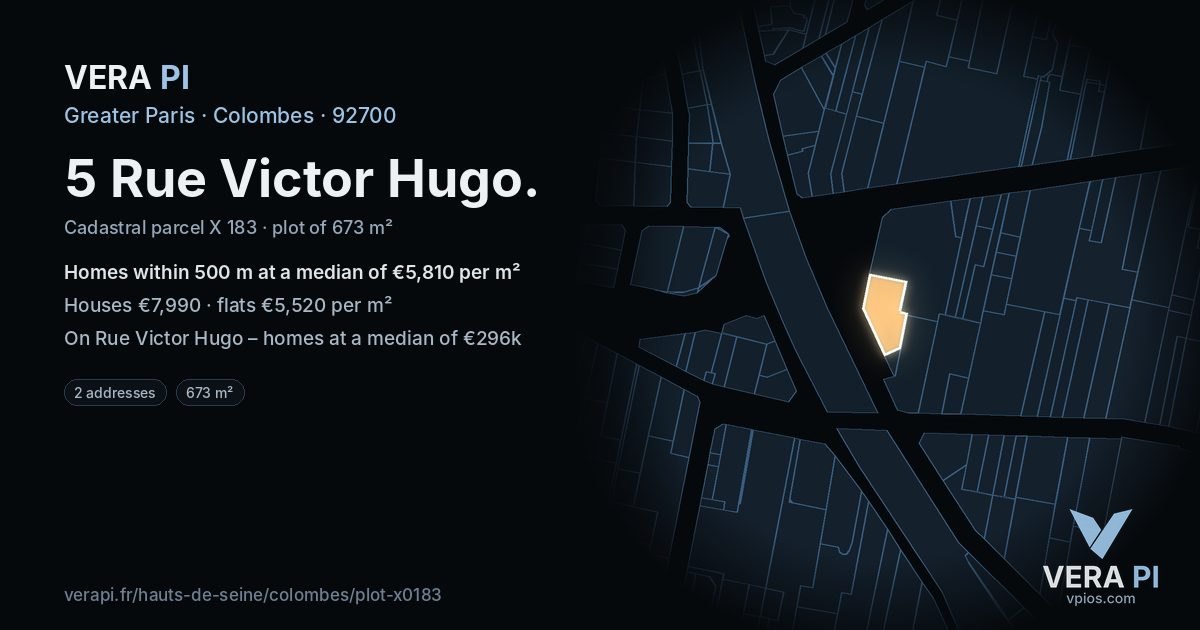 5 Rue Victor Hugo, Colombes at night – the plot lit, the parcels around coloured by the prices near them