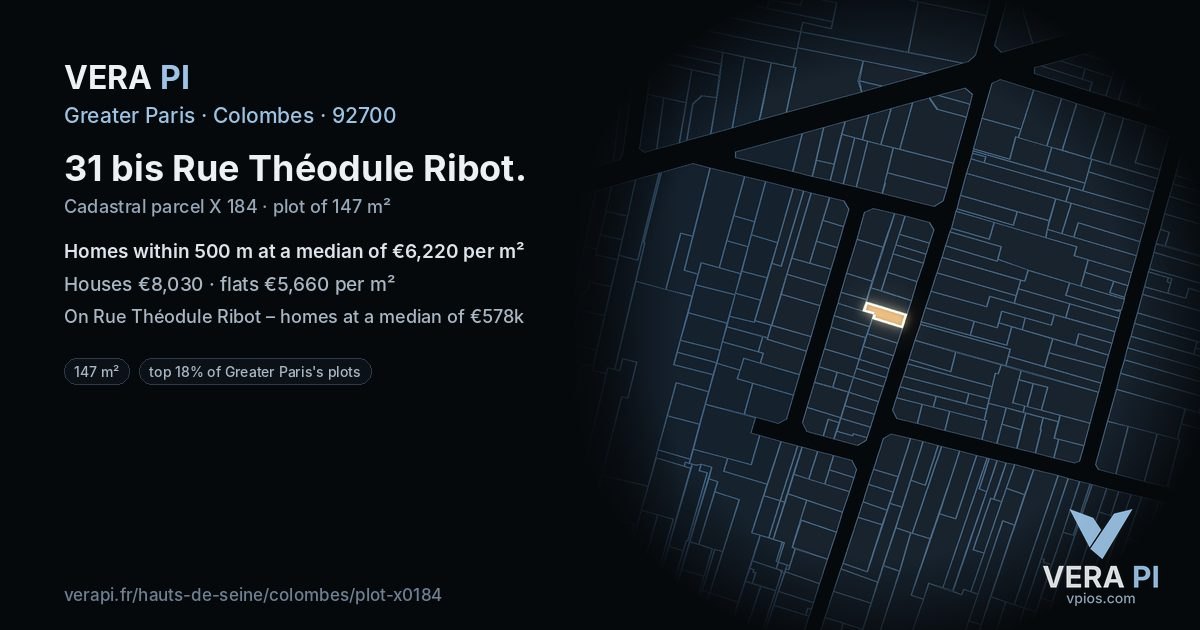 31 bis Rue Théodule Ribot, Colombes at night – the plot lit, the parcels around coloured by the prices near them