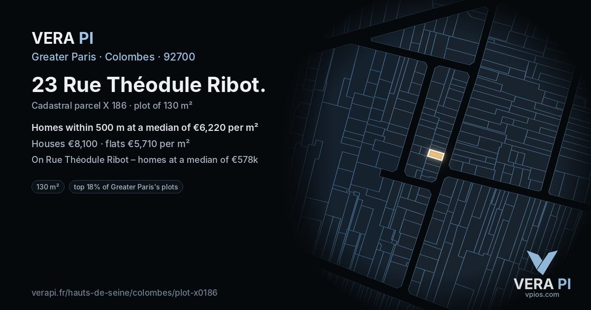 23 Rue Théodule Ribot, Colombes at night – the plot lit, the parcels around coloured by the prices near them