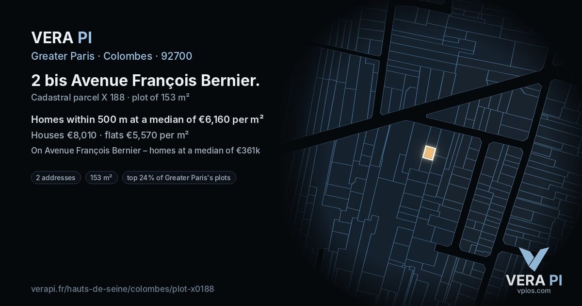 2 bis Avenue François Bernier, Colombes at night – the plot lit, the parcels around coloured by the prices near them